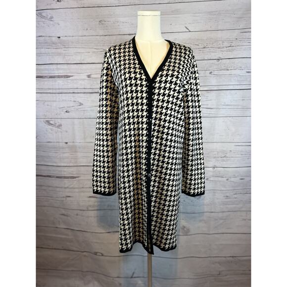 CM Collection Houndstooth Cardigan | Size M | Black & White Long Open Front - Picture 2 of 7